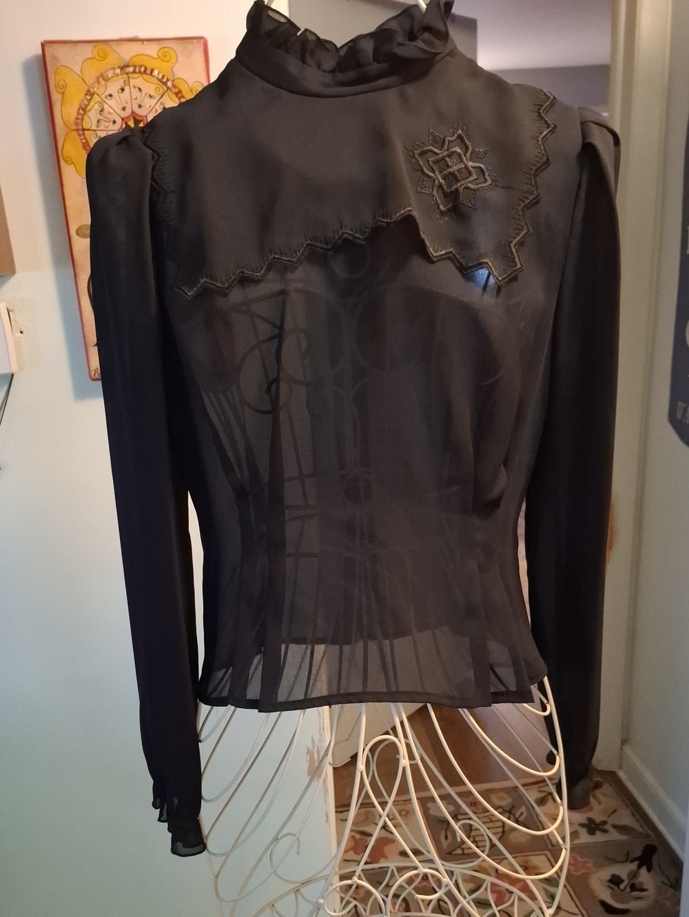 Vintage Witchy Sheer Black Ruffled High-Neck Blouse, S/M